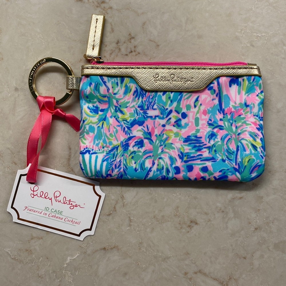 Lilly Pulitzer ID case with key ring in Cabana Cocktail print aqua pink gold NWT